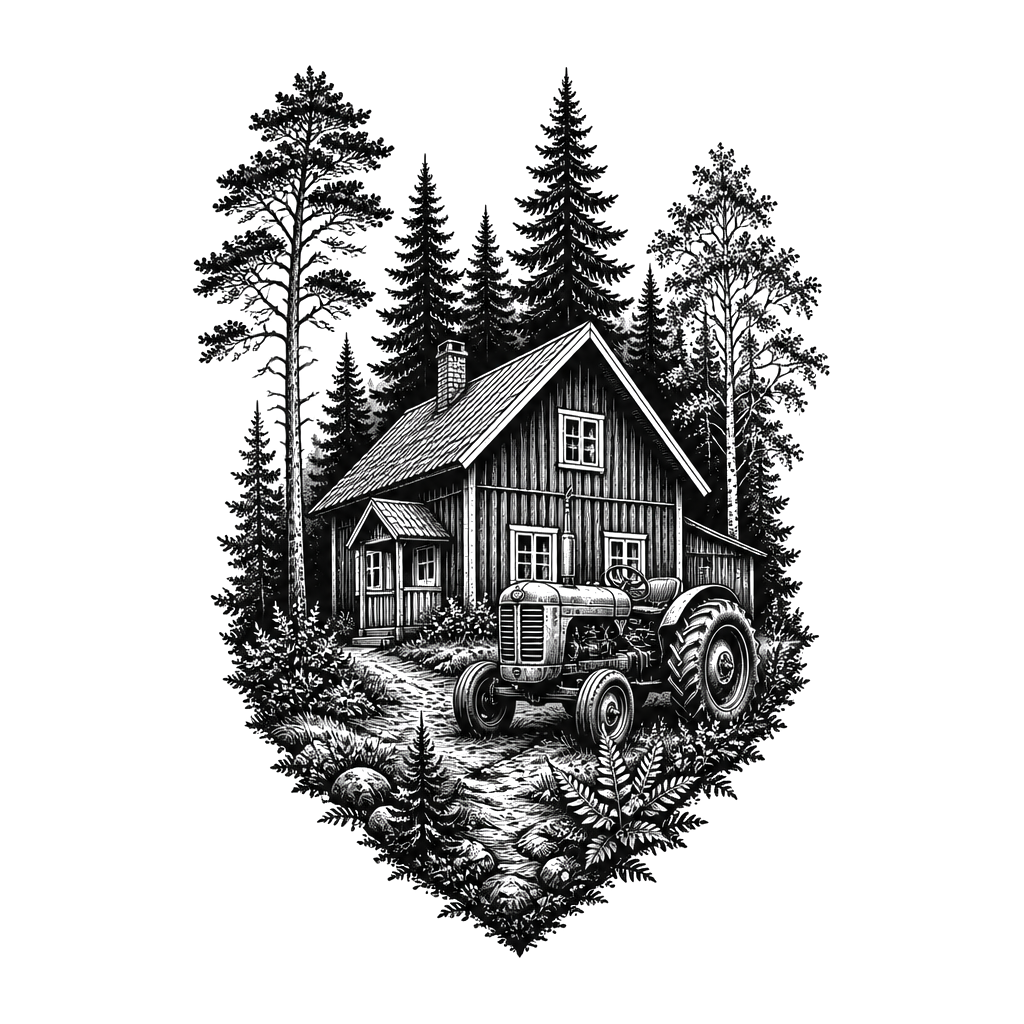 A forest with a house thats typical from swedens Wood and a old tractor next to the house
