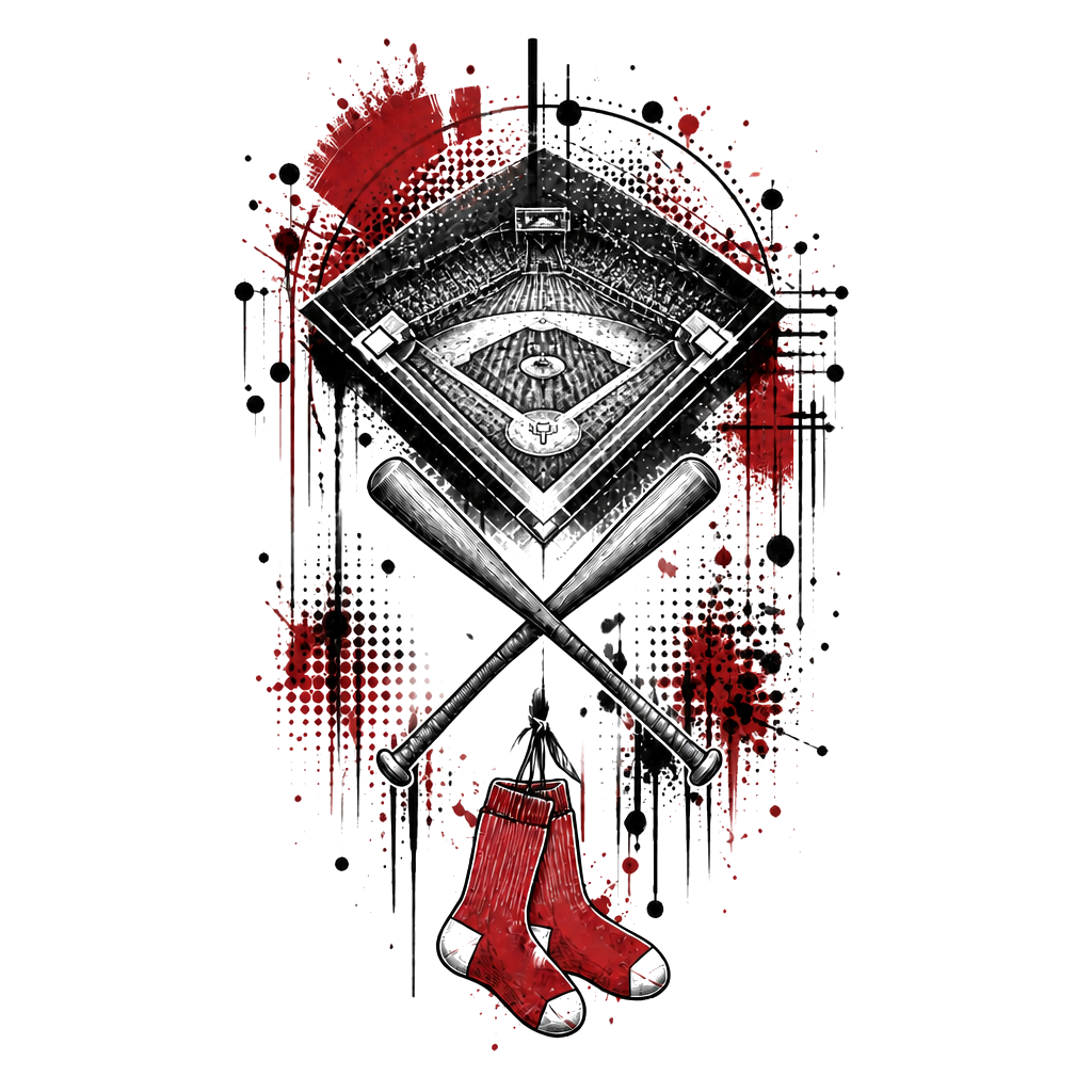 A baseball diamond with two small bats crossed beneath a subtle “G,” September’s birth flower woven around the base, and a Red Sox-inspired pair of hanging socks.