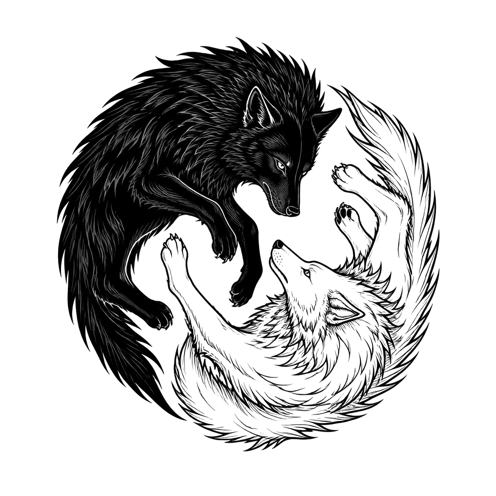 Two wolves, one black and one white, circling each other