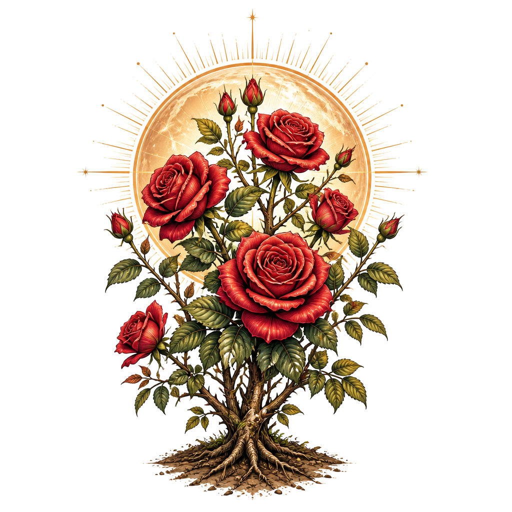 A flourishing rosebush rooted in sun-warmed earth, its layered blooms framed by gentle spring leaves and a radiant planet-like halo, evoking enduring beauty and quiet strength.