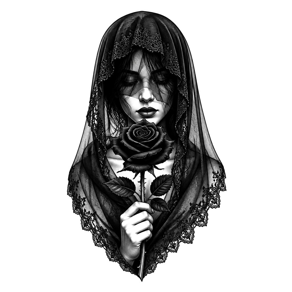 A veiled woman holding a single black rose