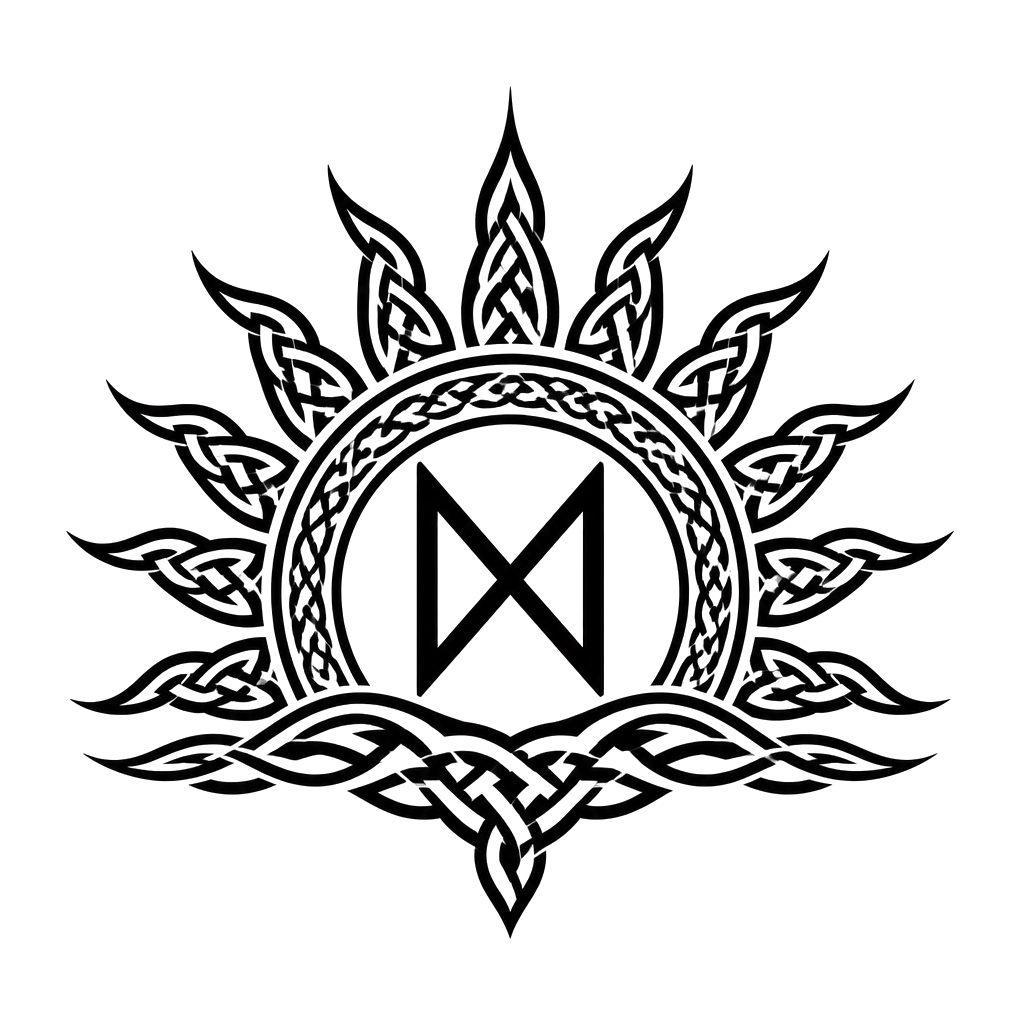 The Dagaz dawn rune set inside a knotwork sunrise