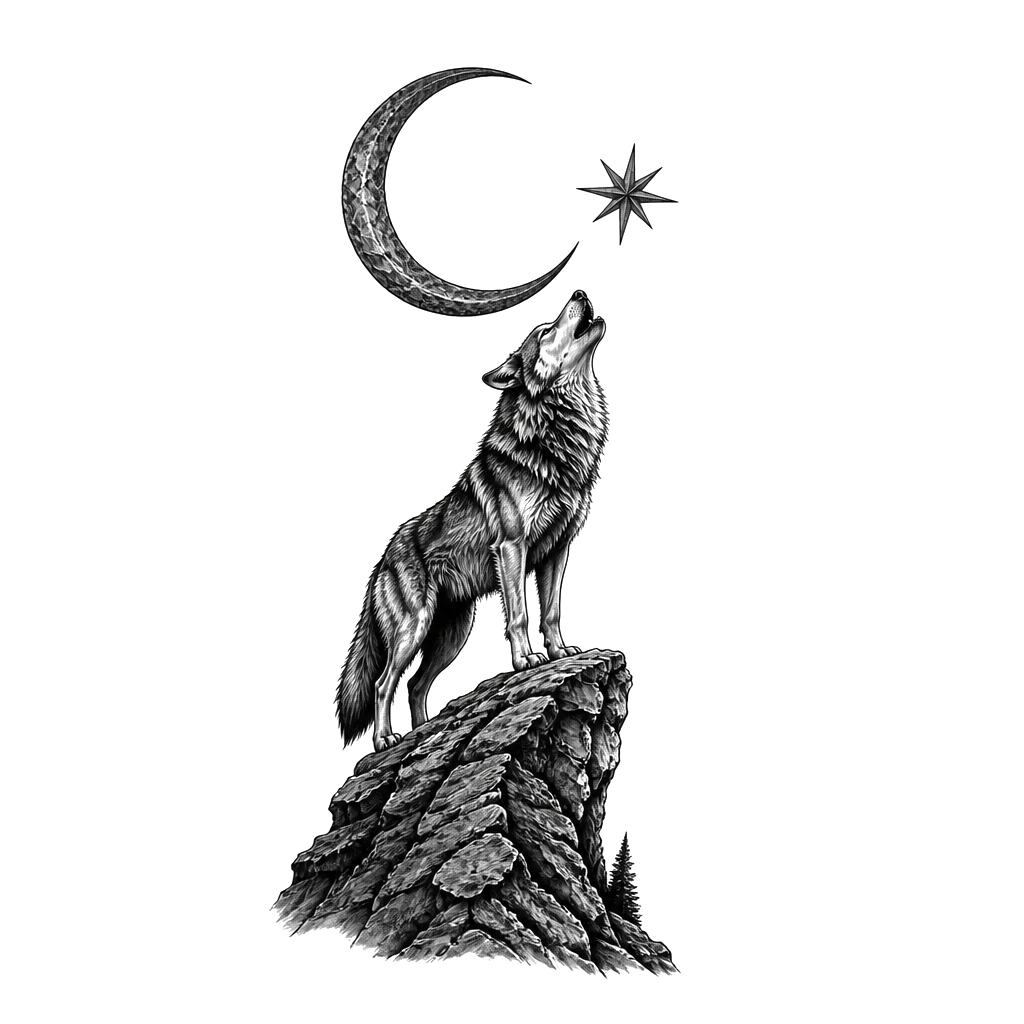 ein wolf der den mond anheult, der mont ist das türkei zeichen aber liegen, auf einer klippe stehend