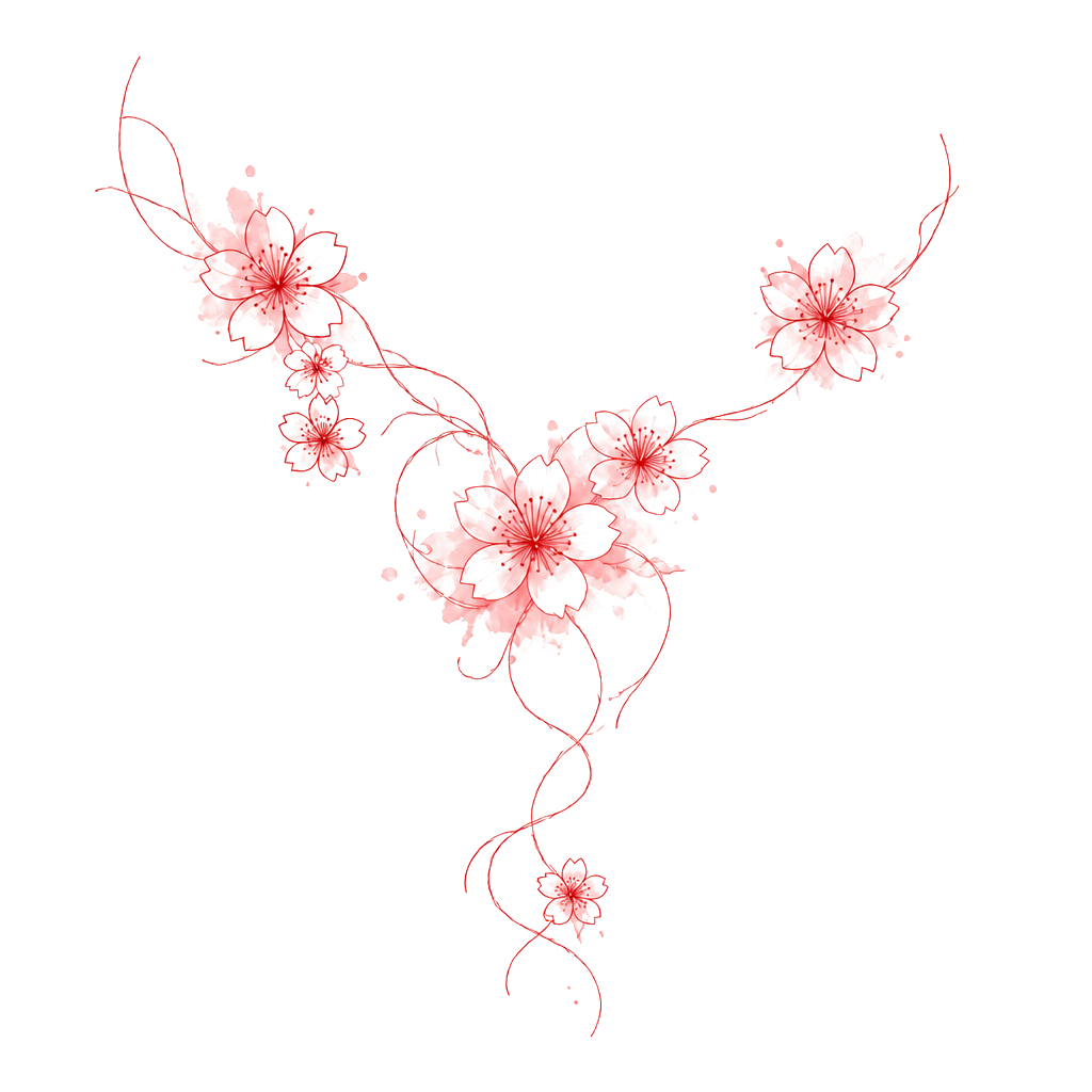 Cherry blossom with vine like leaves/vines, on right shoulder back and front in red ink