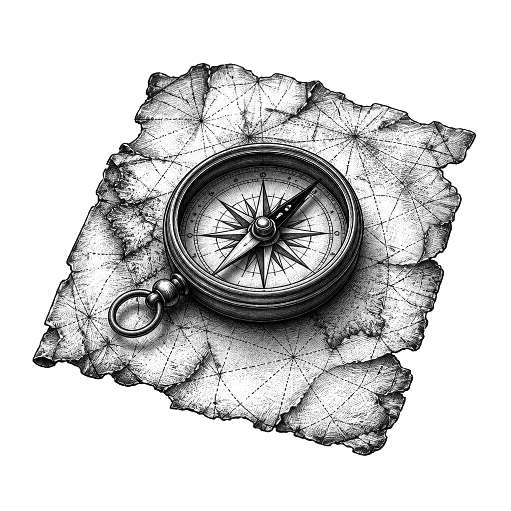 A compass resting on a weathered old map