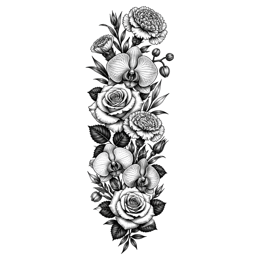a sleeve of carnations, orchids, and roses