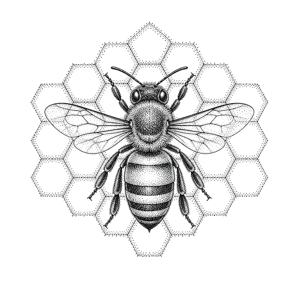 A bee stippled over a hexagonal comb grid