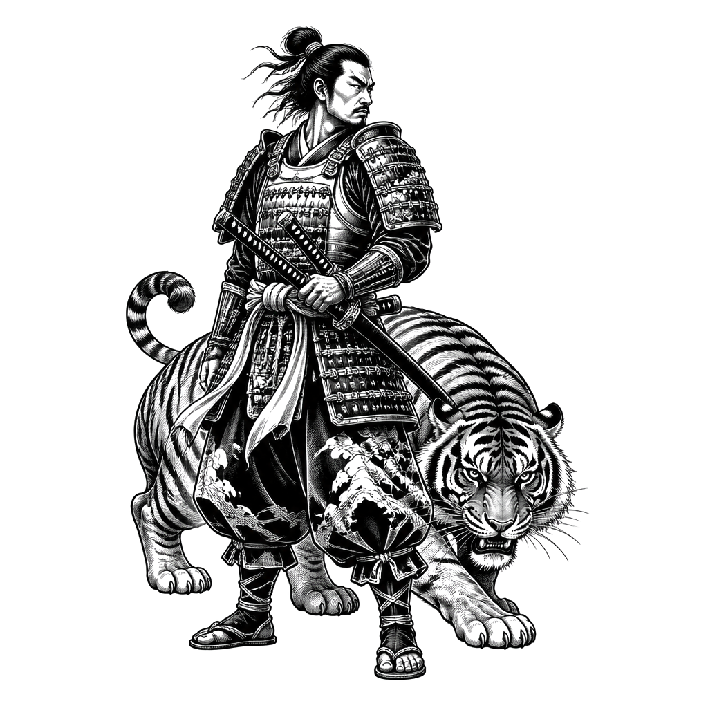 A samurai standing guard with a tiger crouched behind him