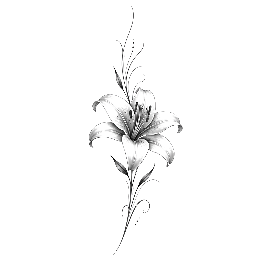 fleur (la vraie fleur de la nature) de lys en bas du ventre à droite avec des légers traits qui vont en haut et en bas du ventre de 15 cm