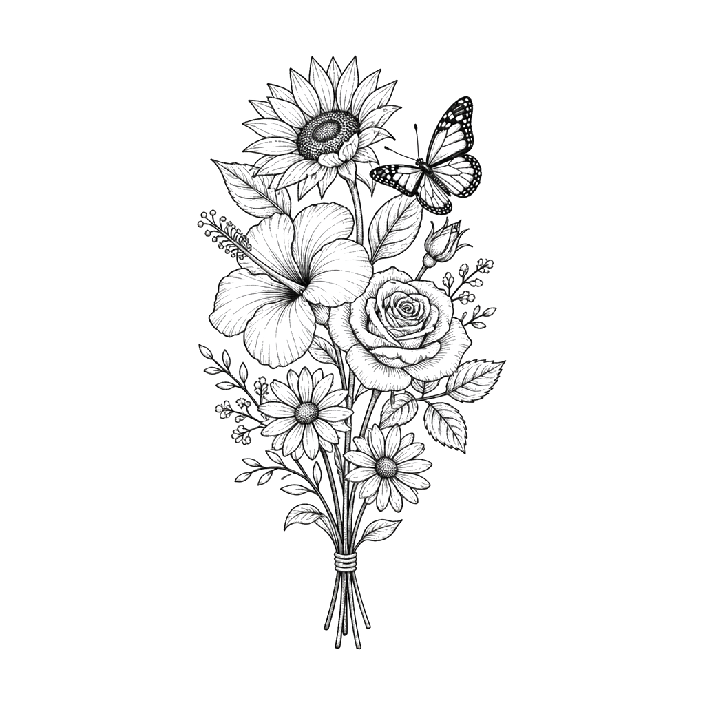 A thin bundle of sunflowers , hibiscus , roses , daises and a butterfly