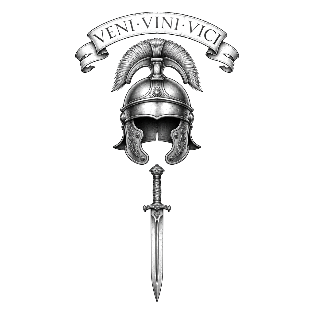 “Veni vini vici” in Roman lettering and over a Roman helmet with a Roman sword underneath