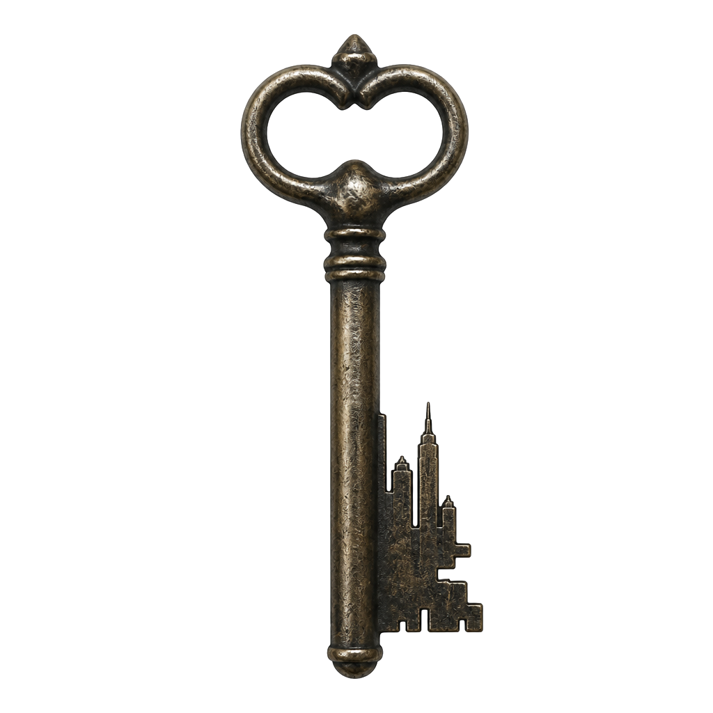 An old key with teeth shaped like a city skyline