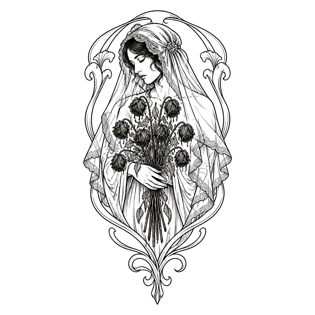 A veiled bride holding a bouquet of withered roses