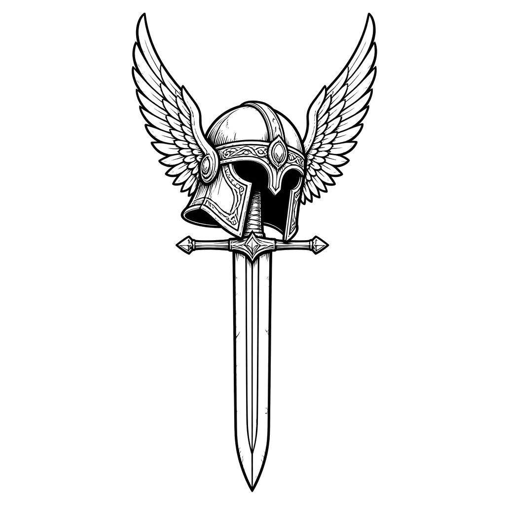 A valkyrie's winged helmet resting on a sword