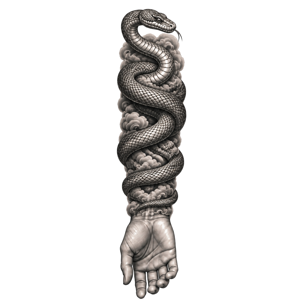 clouds on the wrist, 2008 in roman numerals, with a snake wrappiing around forearm sleeve
