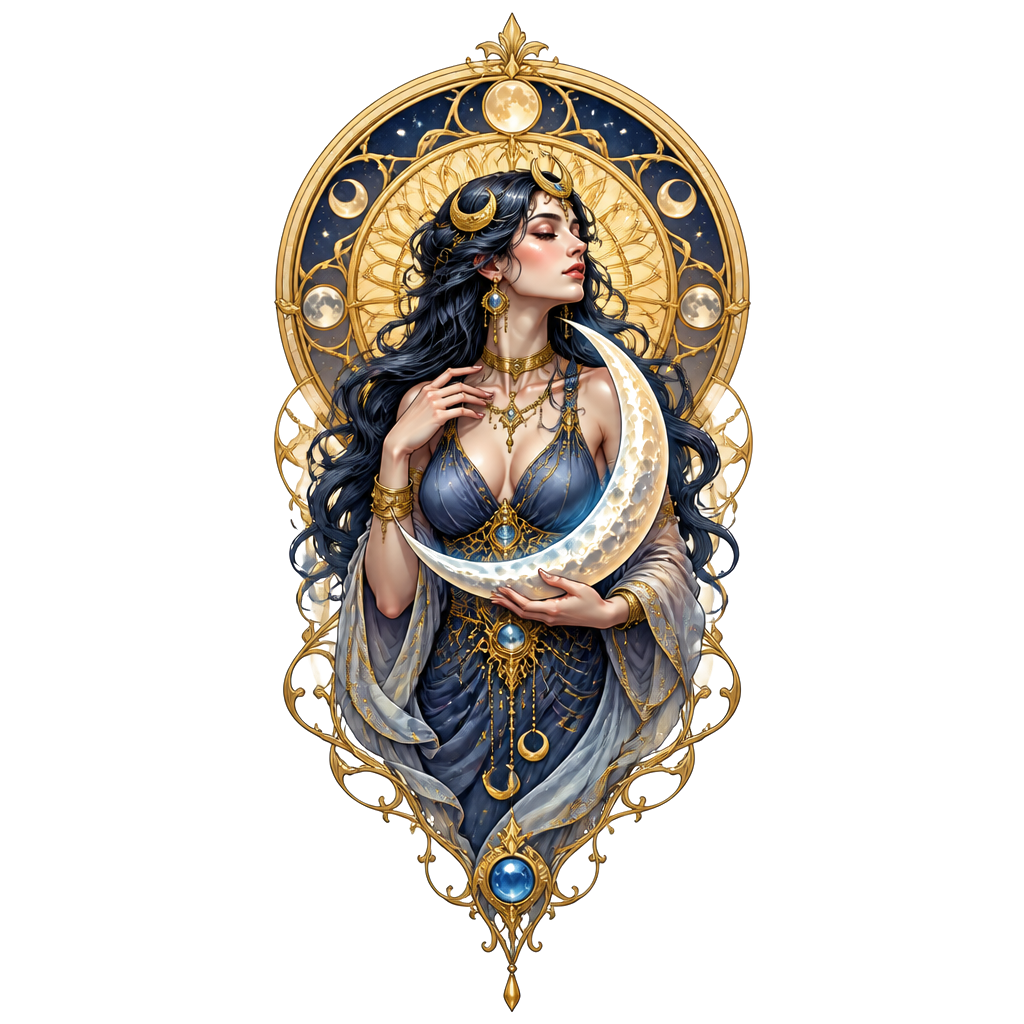 A moon goddess inside an ornate gold halo