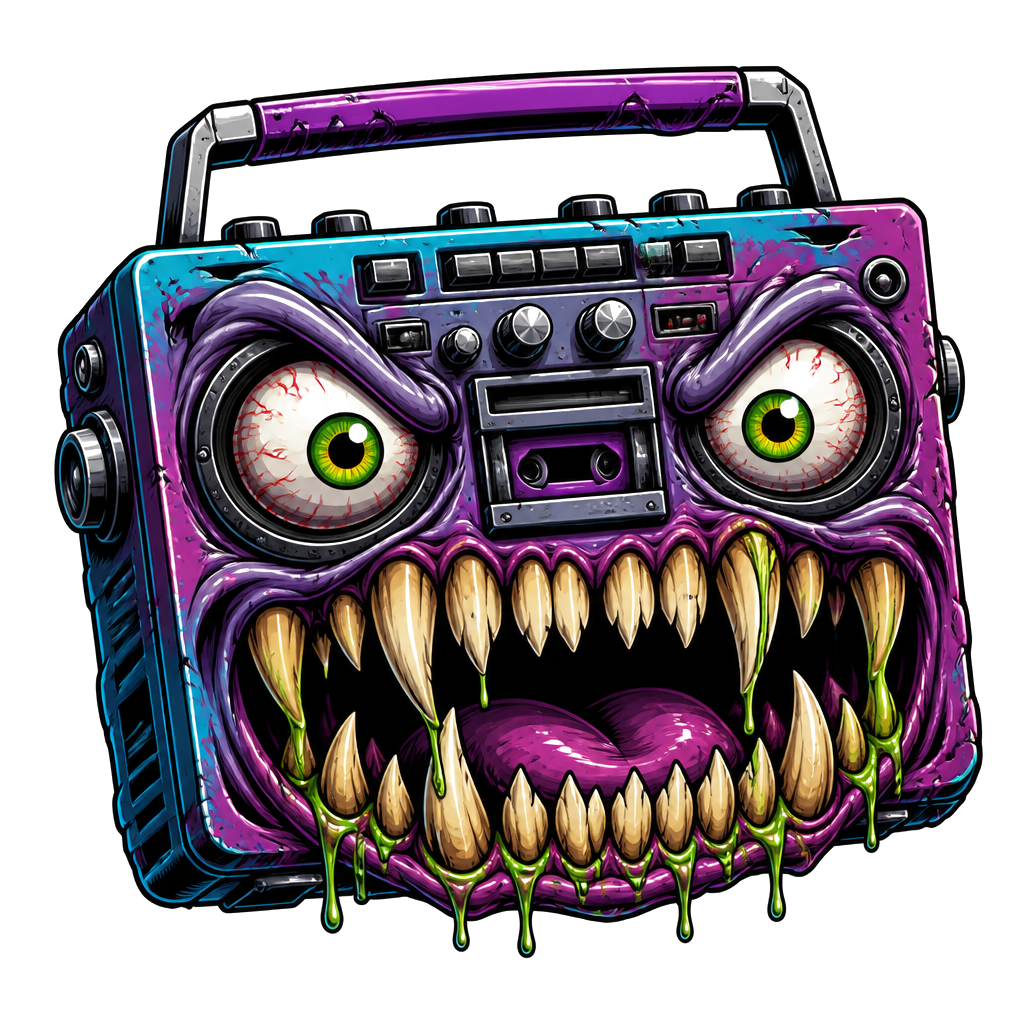 A wild-eyed boombox with monster teeth