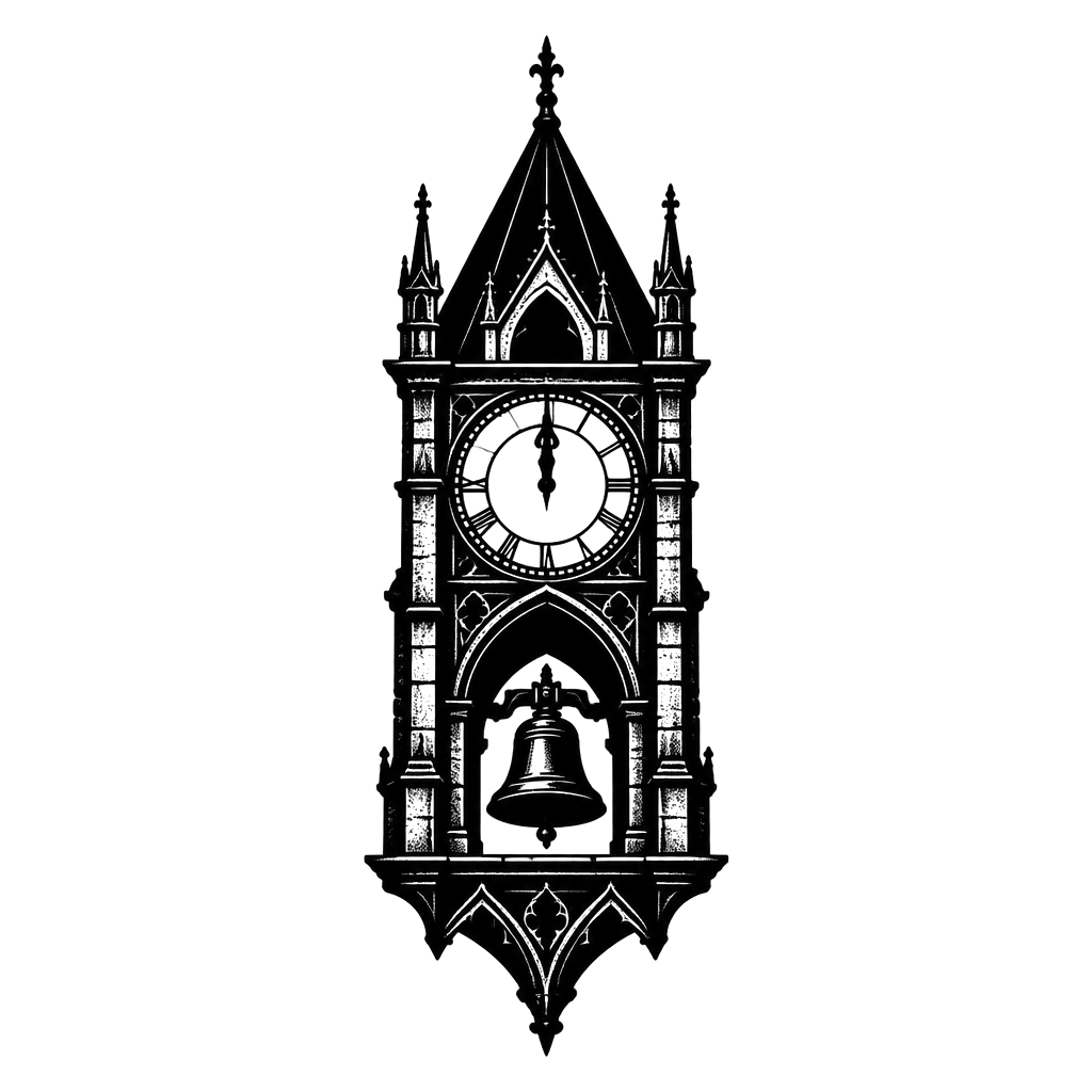 A bell tower striking midnight in heavy black