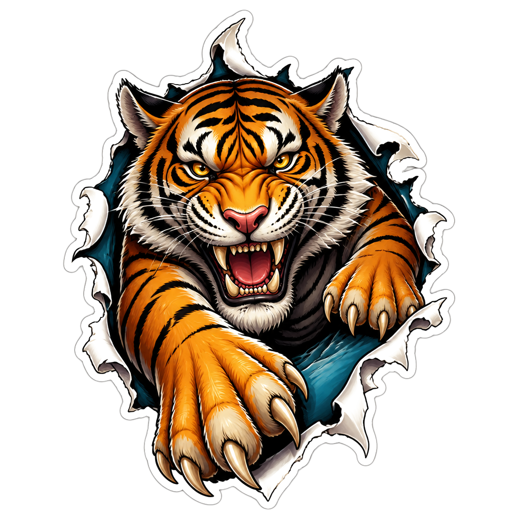 A grinning tiger bursting out of its die-cut border