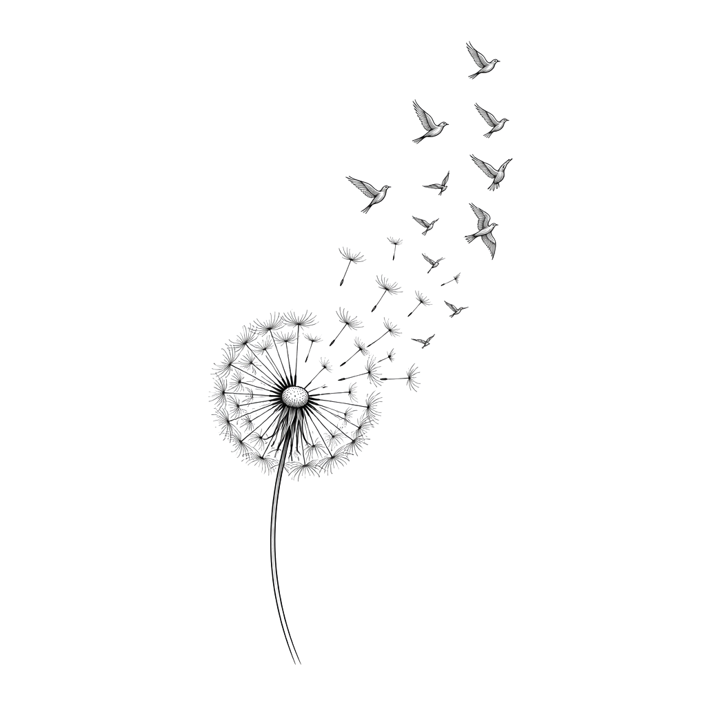 A dandelion blowing apart into a flock of birds