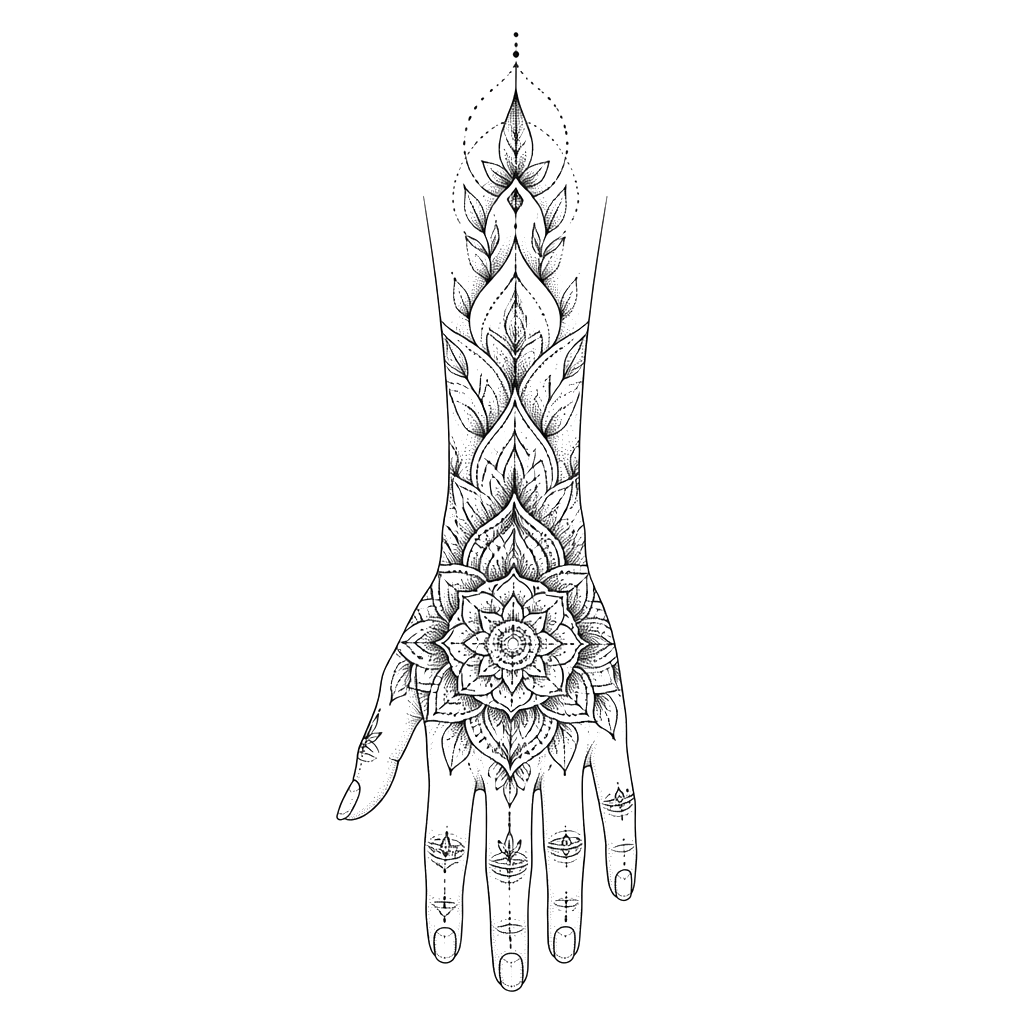Ein Mandala für den Handrücken und dann den Unterarm hoch, auf den Finger nur kleine Details