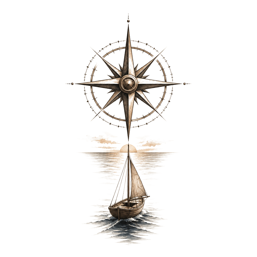 A small wooden sailboat beneath a compass rose, its needle pointing toward a subtle horizon line—guidance, summers, and his enduring presence.
