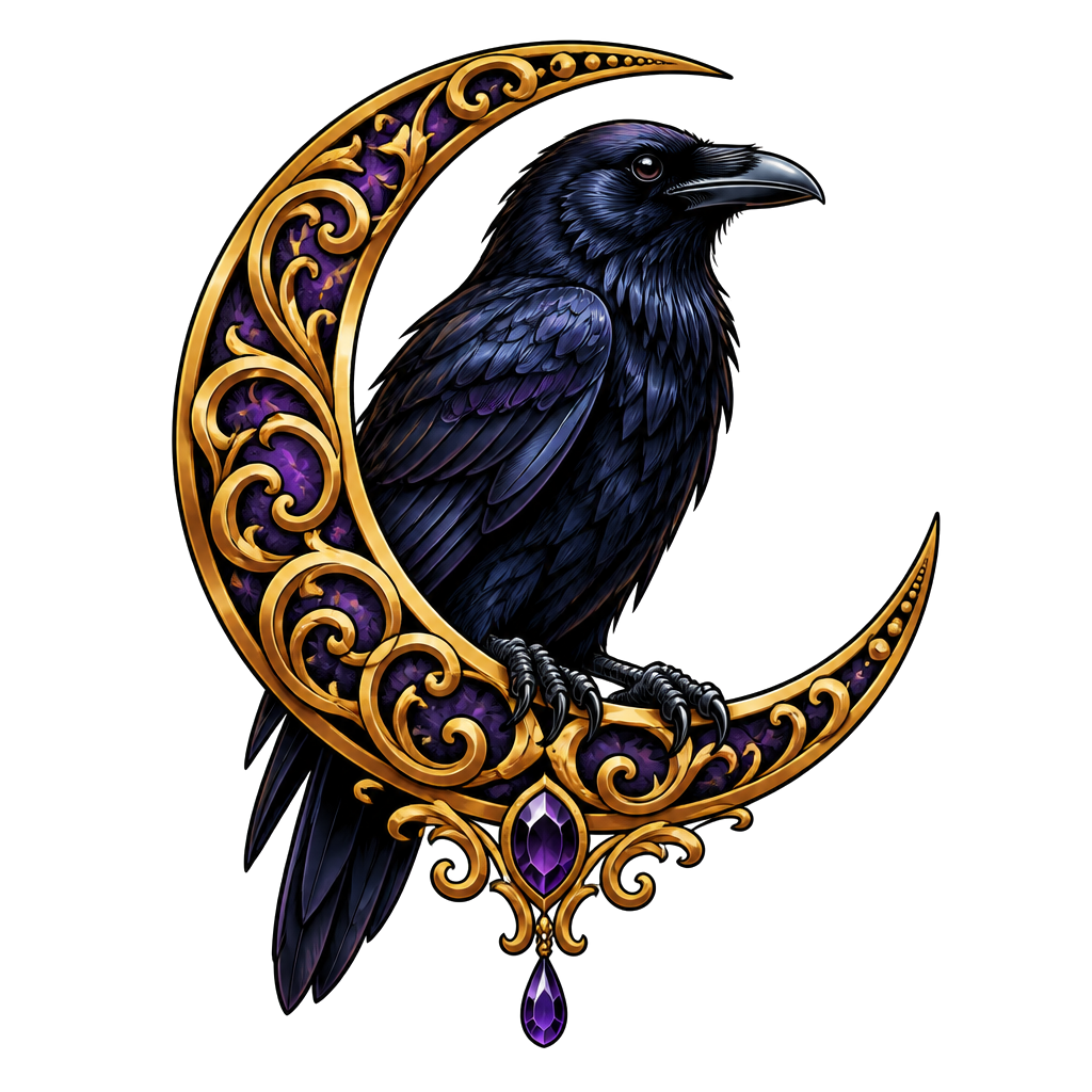 A raven perched on a filigree crescent moon