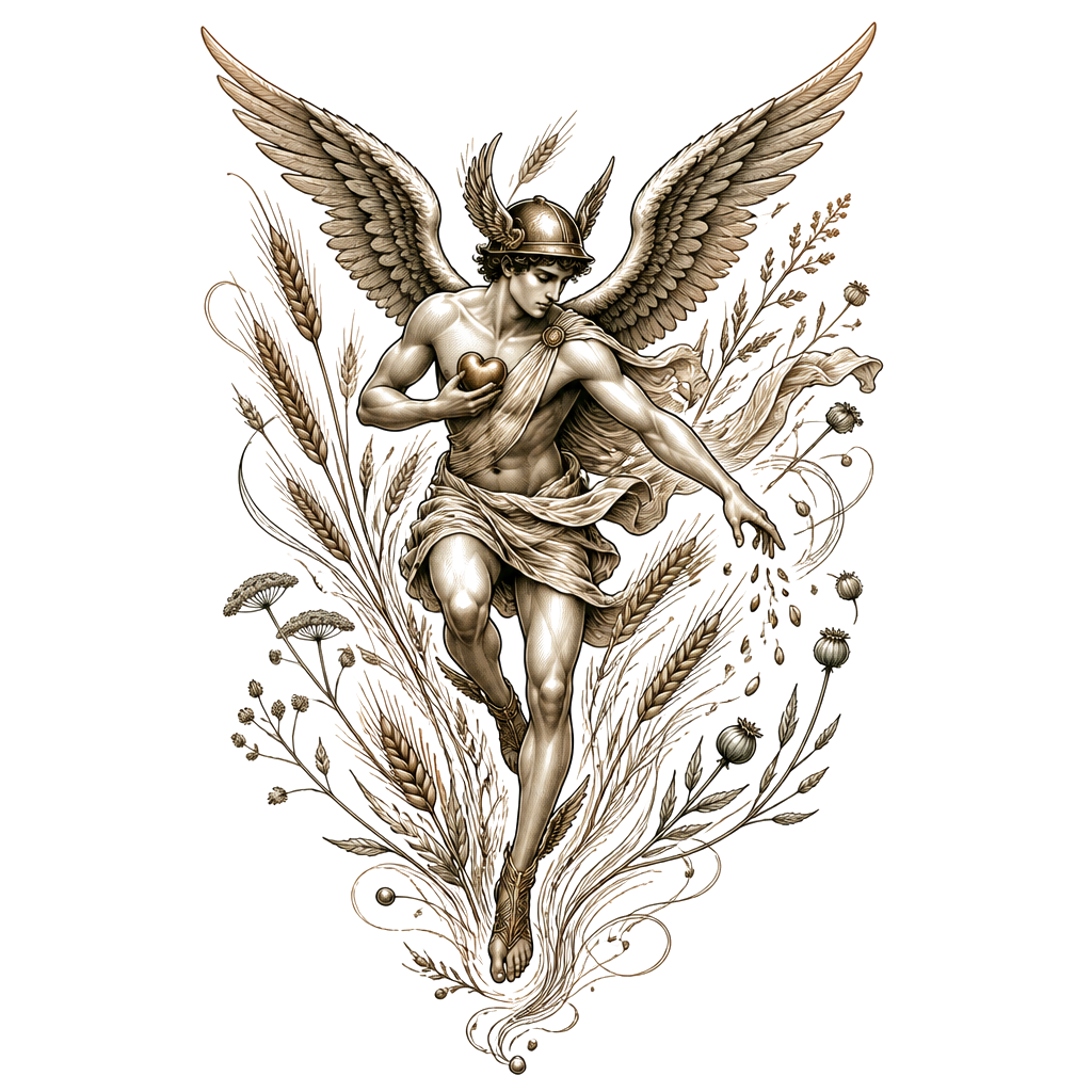 A winged mythic messenger descends through wheat and wild herbs, carrying a small heart; flowing earth lines and scattered seedpods evoke late-summer harvest and quicksilver motion.