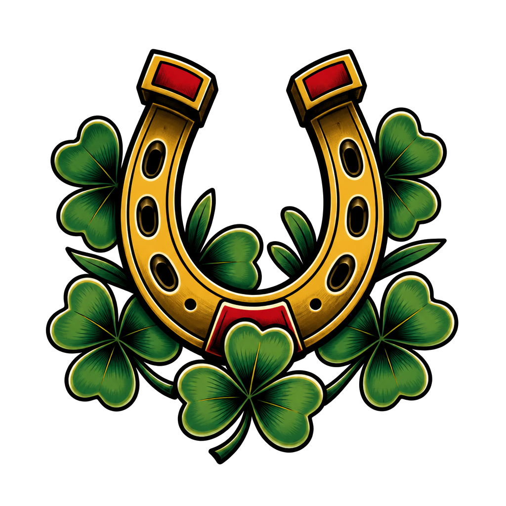 A horseshoe surrounded by lucky clovers