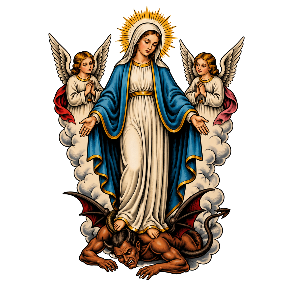 Real Bible picture of the Virgin Mary. Standing on b the devil. With angels watching over her