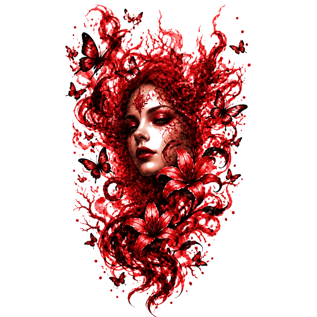 Dark elegant shoulder tattoo: add a large ink-smoke phoenix in black & smoky gray. Smoke-style butterflies + delicate smoky lilies/vines integrated throughout. Flowing organic wrap-around design on shoulder/upper arm. Mood: mysterious, powerful, shadowy, ethereal—dark vibes only, monochrome ink wash aesthetic.i like blue and red and purple idk