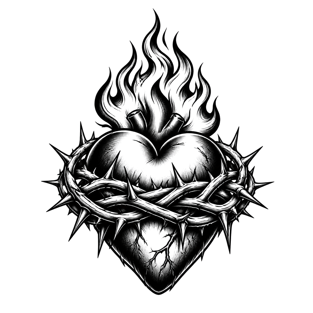 A crown of thorns around a burning heart
