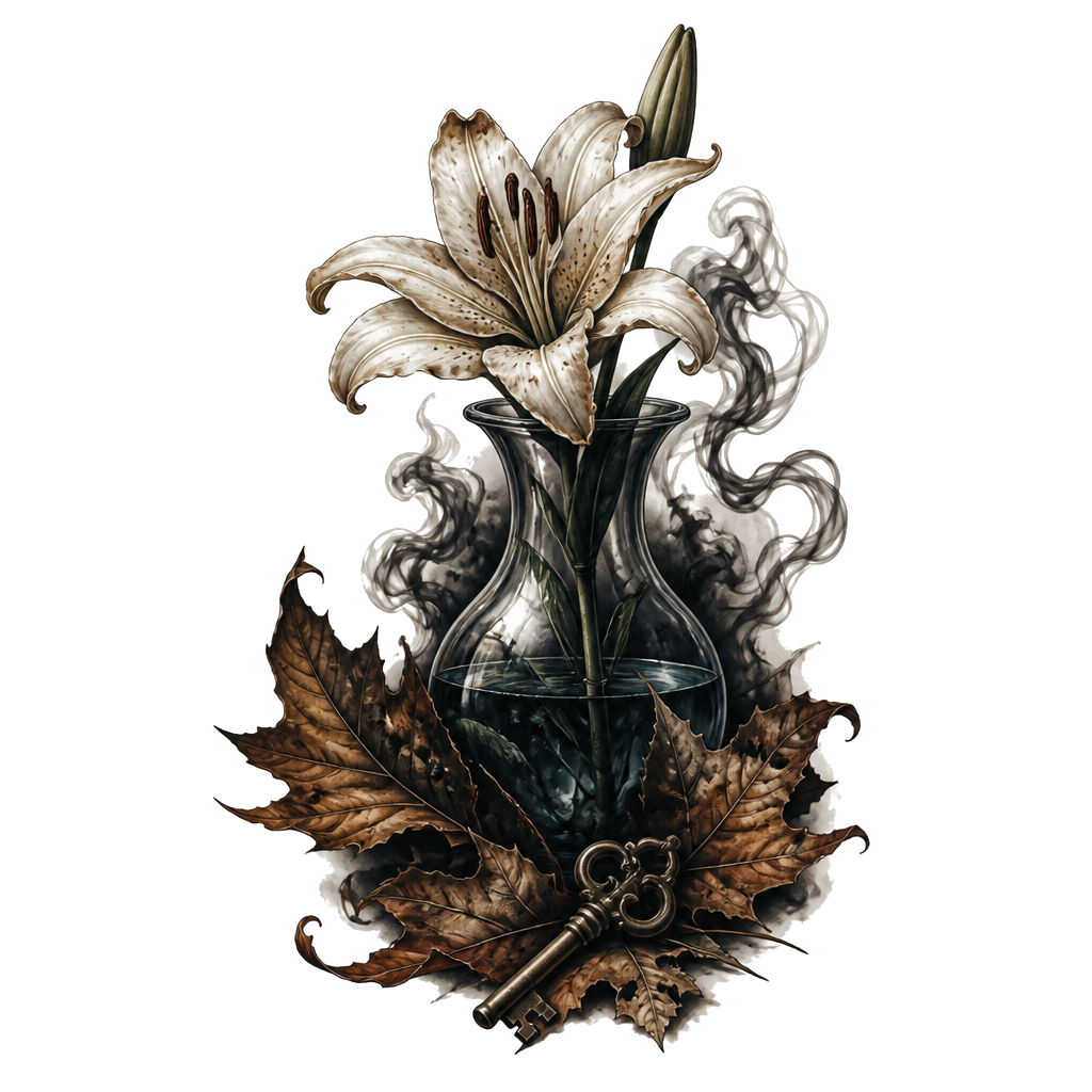 A dramatic still life of a lily in a shadowed glass vessel, fallen autumn leaves, and a small key, with curling smoke suggesting secrecy and deep water.