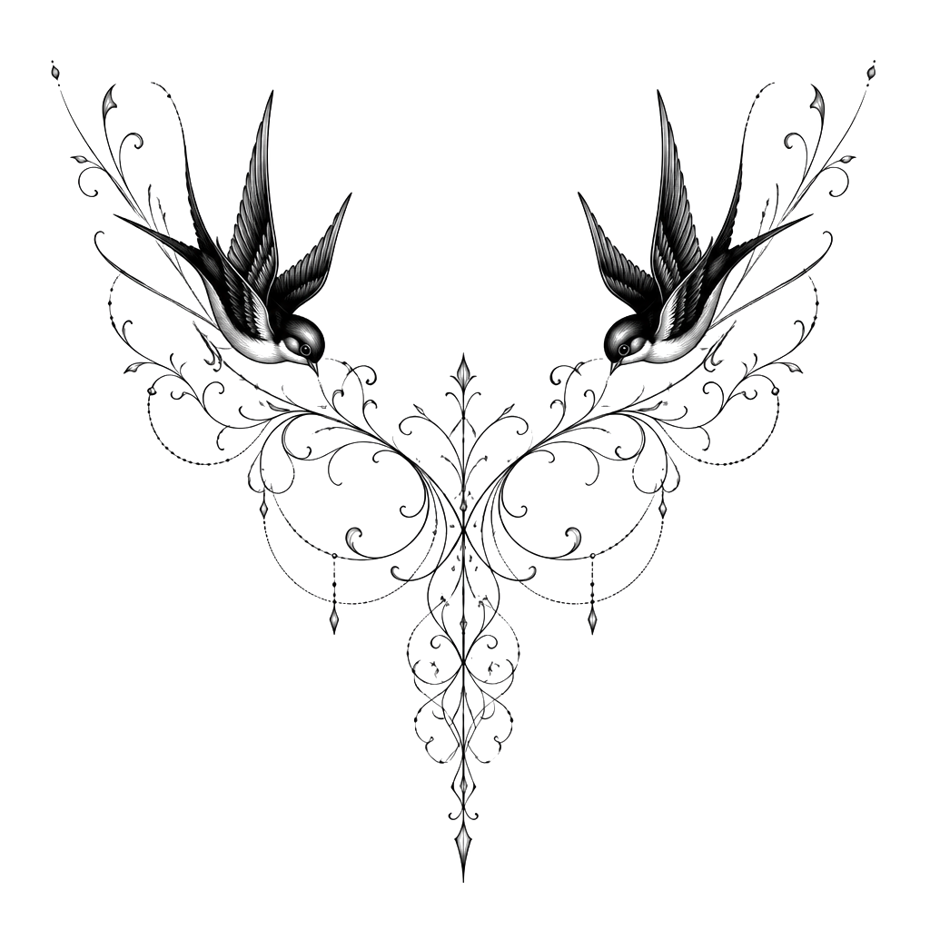 Women’s chest piece with a sparrow on each chest pointing in and downwards. Connect the sparrows with fine line work into ornamental down the chest and between and below breast