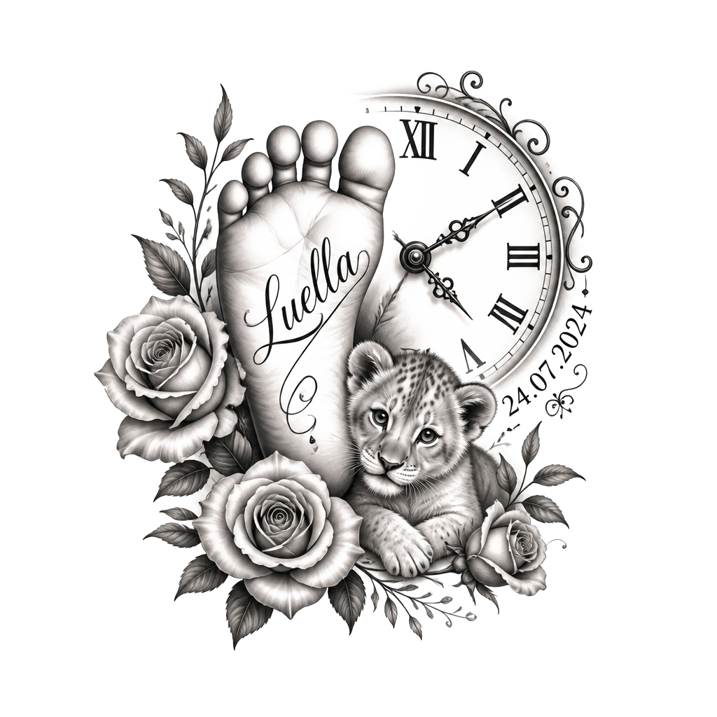 Baby’s foot with Luella name in it then date of birth next to the foot with half a clock blended in and some rose around it all in black and a baby cub
