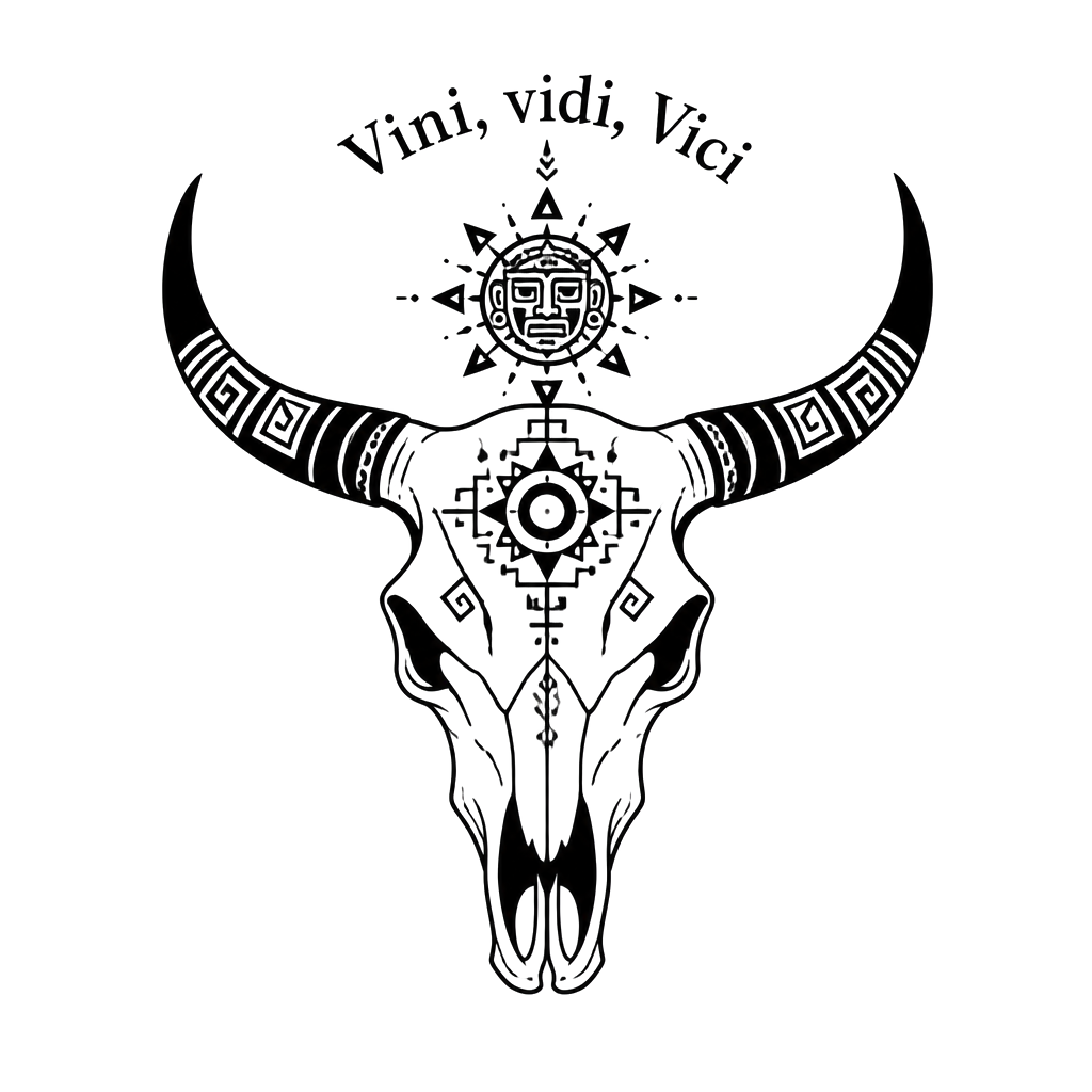 Aztec Steer skull with the words “Vini, vidi, Vici” above it