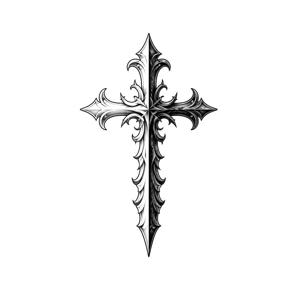 a fancy cross that has faith on one side and fear on the other, make the tattoo small, make the words pretty