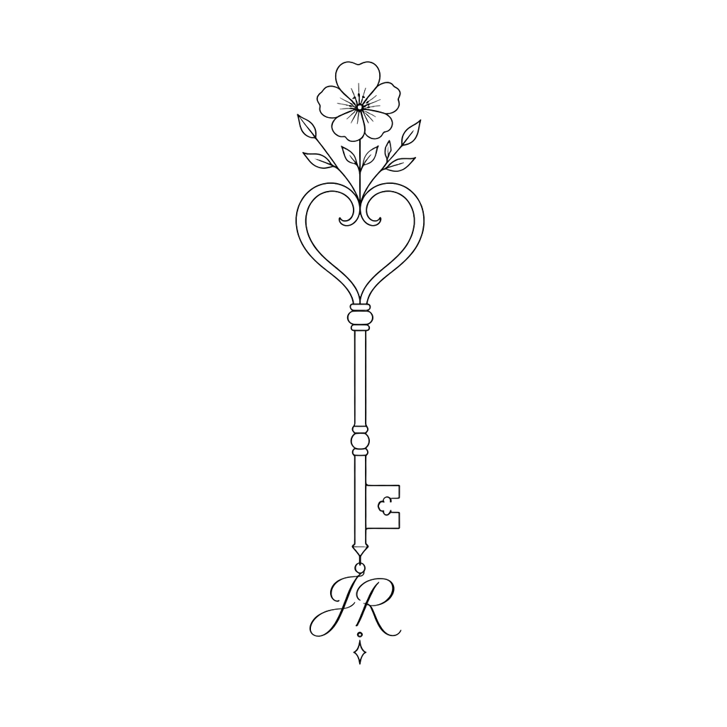 Create a key in a minimalist. Add a flower to the top, and the letters “J R” to the bottom. The top of the key should be shaped like a heart.