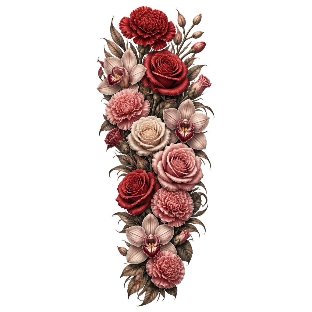 a sleeve of carnations, orchids, and roses
