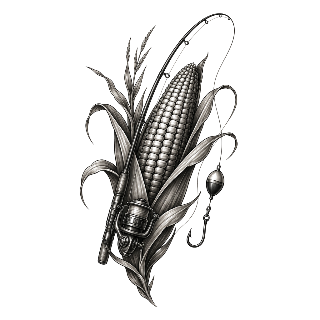A mix of corn and fishing as a memorial tattoo