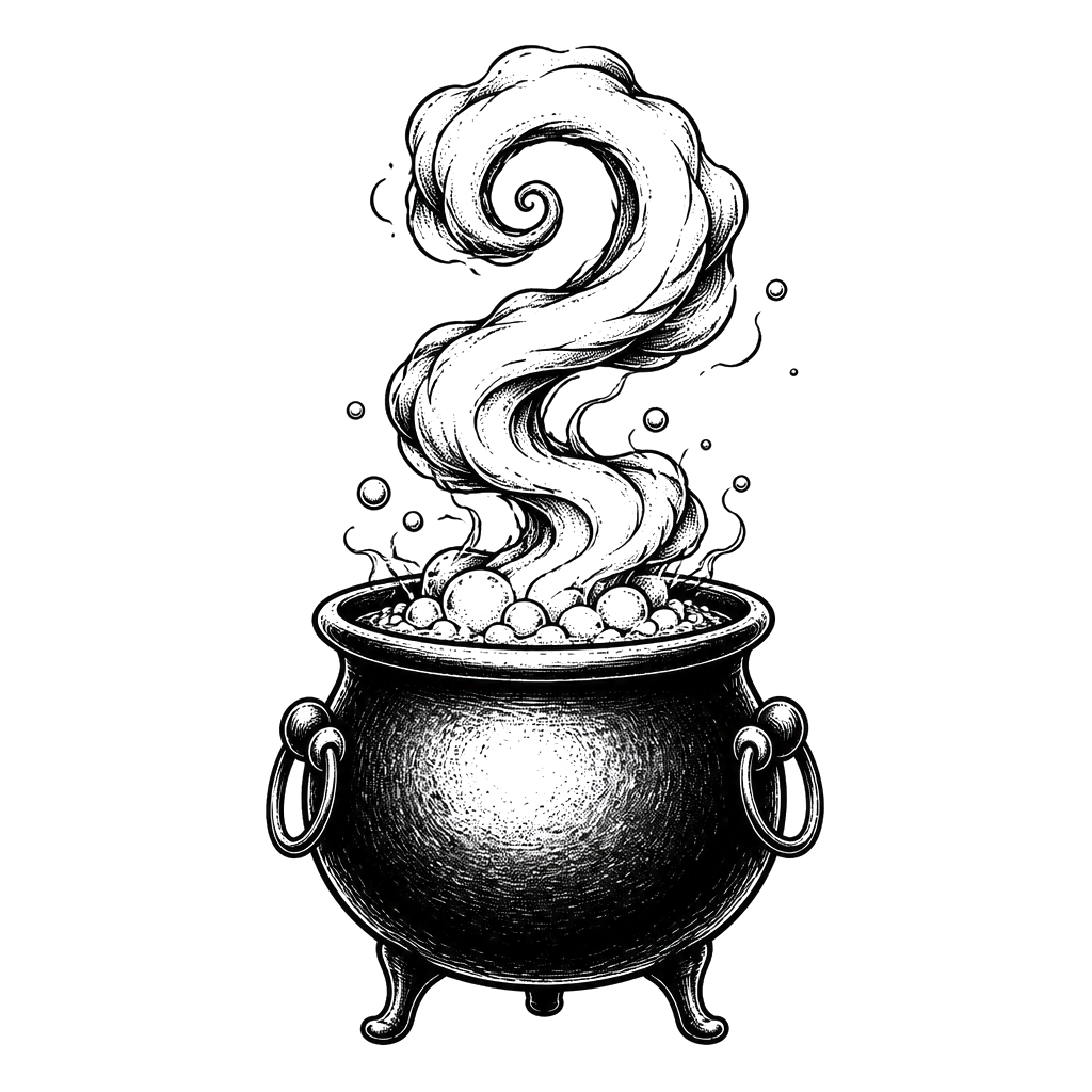 A bubbling cauldron with smoke curling into a spiral