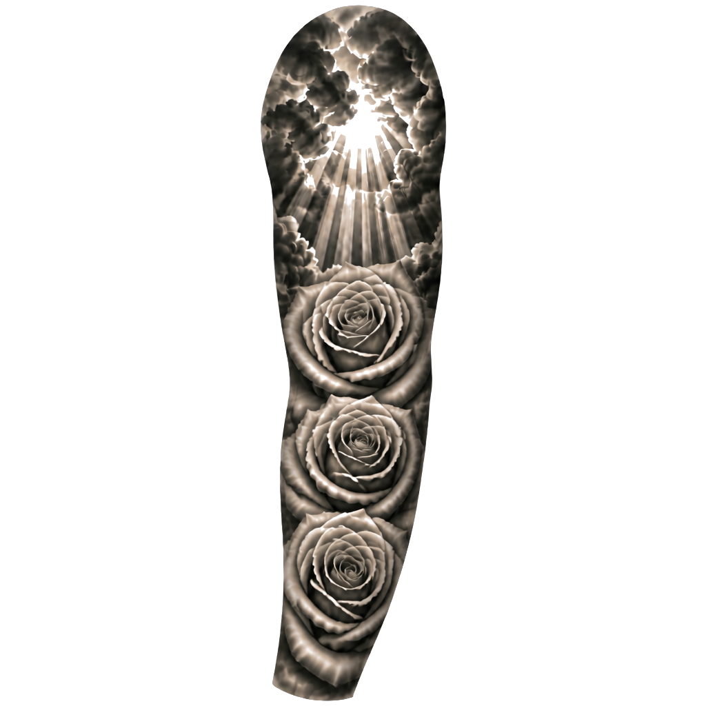 Mach mir ein sleeve tatto mit Rosen auf dem Unterarm und Wolken wo Lichtstrahlen durchscheinen