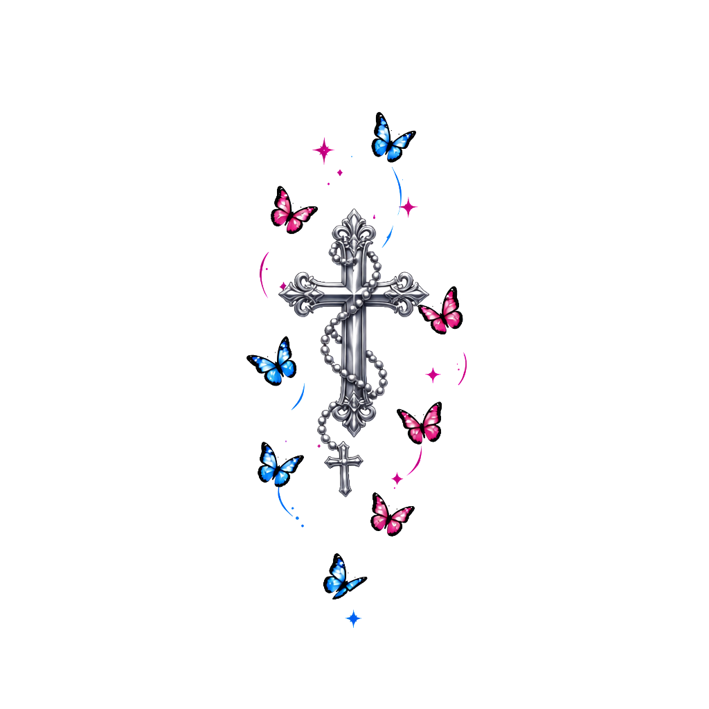Draw me a tattoo with nine small butterflies, and five of them being pink and four of them being blue. These will need to go small because they are going on a females upper arm.