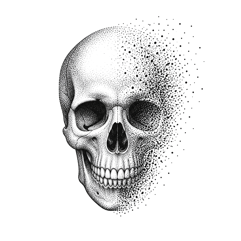 A skull dissolving into drifting dots