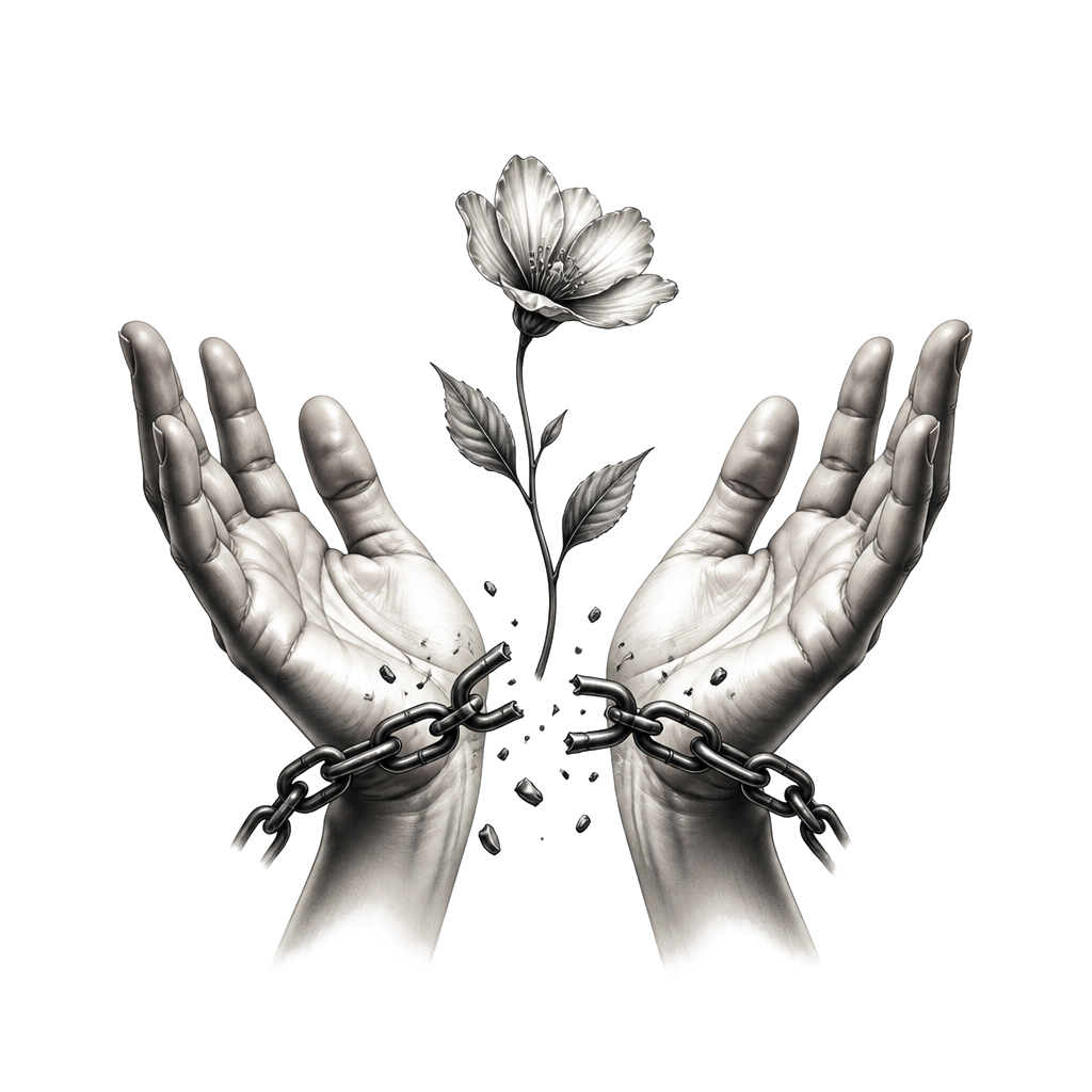 A mother’s open hands releasing a small broken chain, with a single sprouting flower between them.