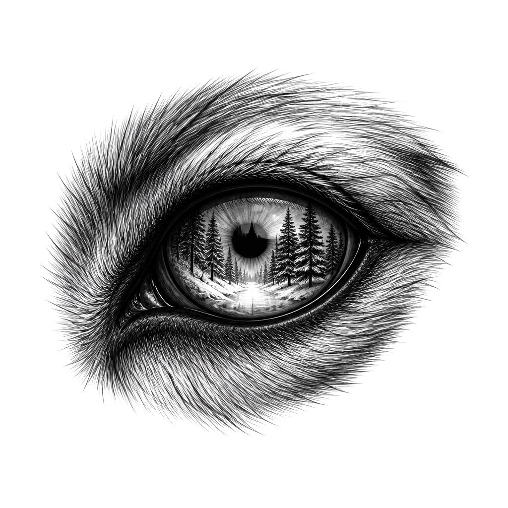 A wolf's eye reflecting a winter forest