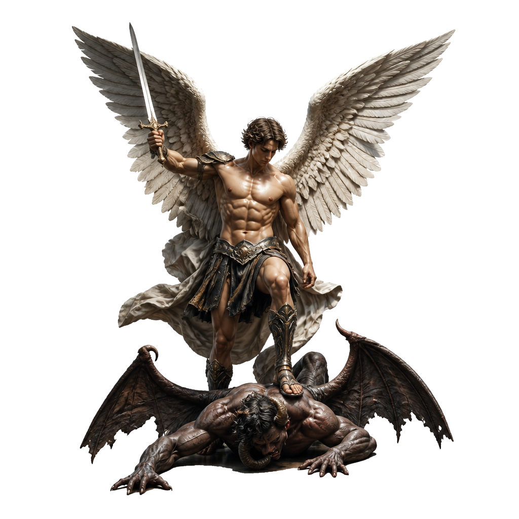 It’s an ultra realistic pic of saint Michael standing over a demon, sword drawn, shirtless lots of muscle