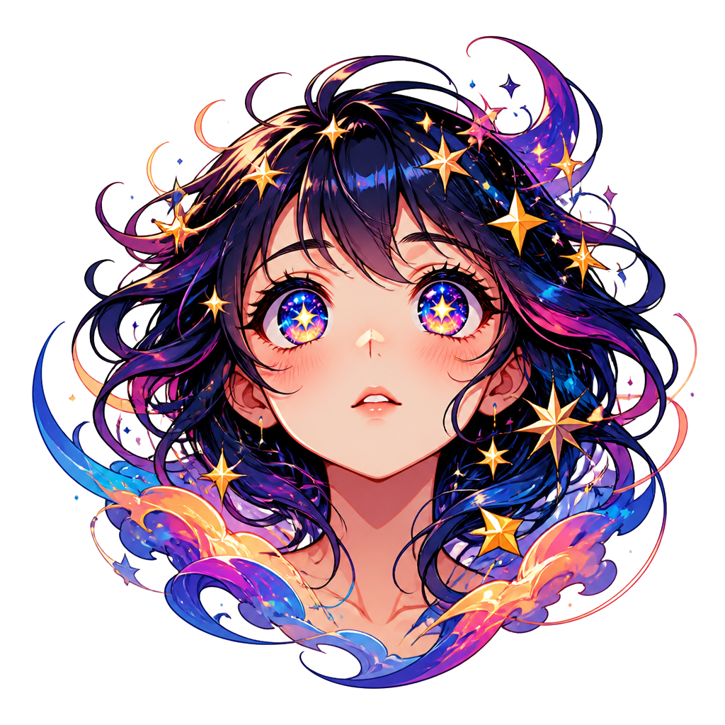 A wide-eyed portrait with starry irises