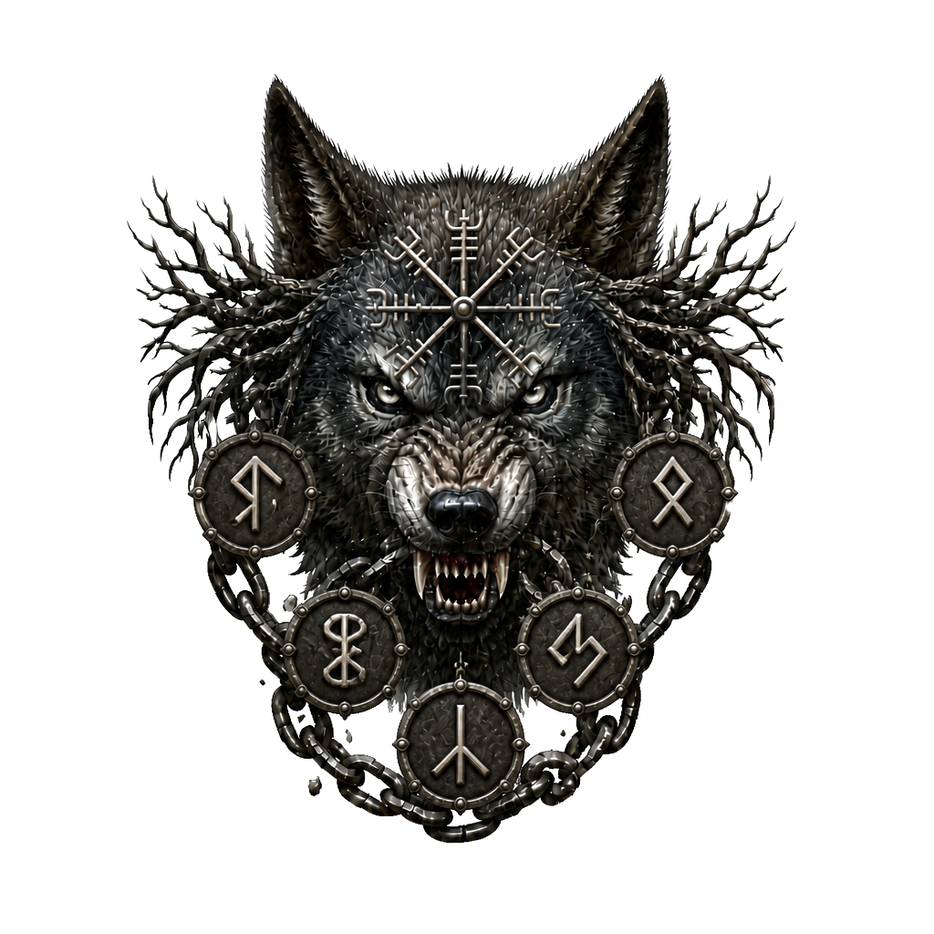 Fenrir’s snarling head centered on the forehead, Yggdrasil roots spreading toward the temples, broken chains flowing from its jaws and wrapping around the neck.