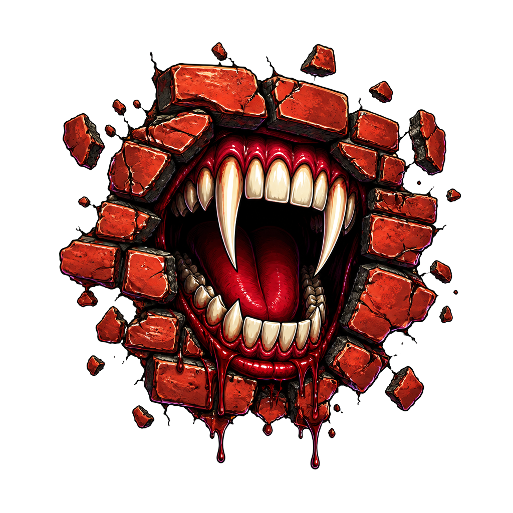 A vampire mouth ripping through a brick wall
